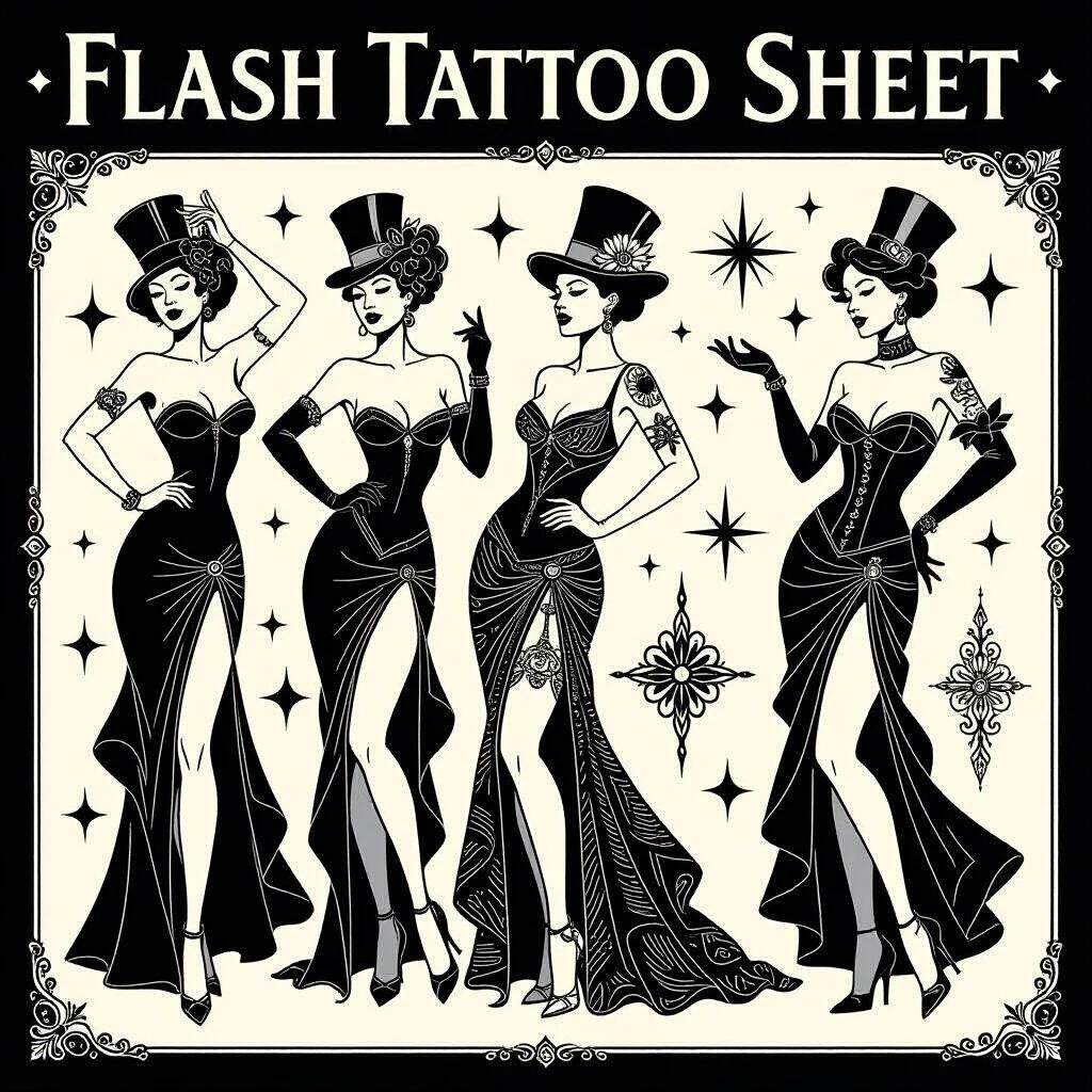 Flash tattoo sheet featuring four exotic steampunk women. Each woman dressed in elegant gowns with high slits. Tattoo designs presented in thick black outline. Style inspired by Russ Mills Patrick Nagel Victoria Frances Anne Stokes. Vintage art aesthetic with a whimsical touch.