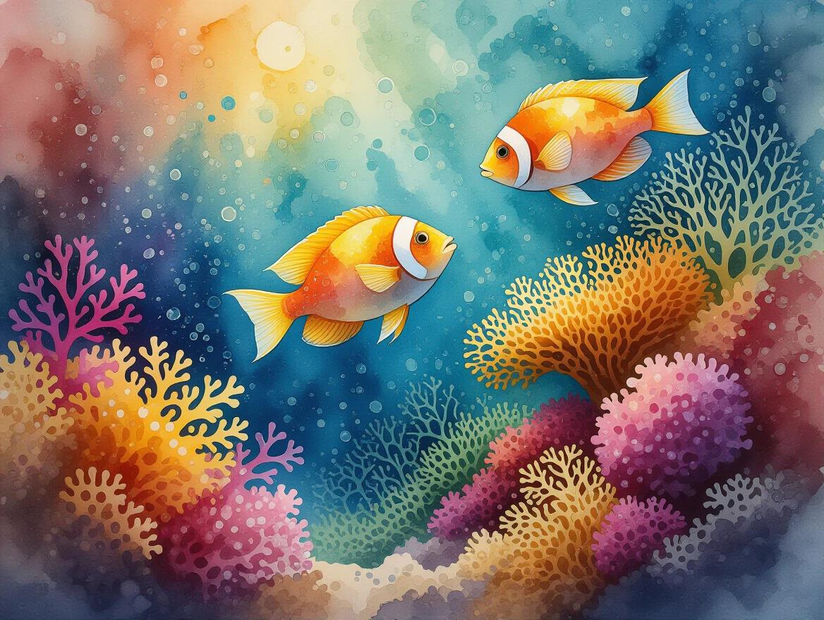 Colorful fish swimming in a vibrant coral reef underwater scene. Coral formations with bright colors. Artistic representation using alcohol ink technique. Soft lighting effects