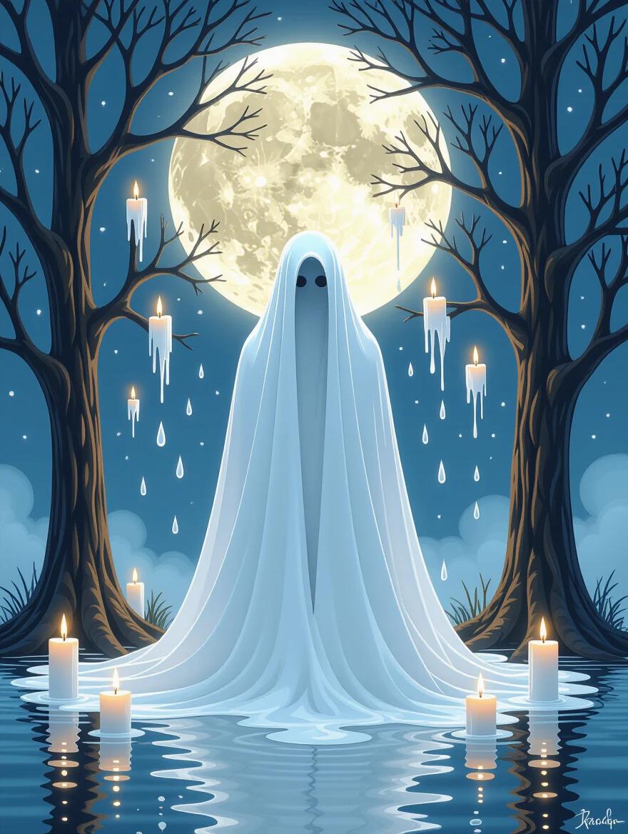 A ghostly woman draped in white appears serene and haunting. Deposits of melted candle wax drip from nearby trees. A full moon casts a soft glow above. The image reflects in the water below. Subtle mist surrounds the scene creating an ethereal effect. Pencil sketch style with vibrant colors.
