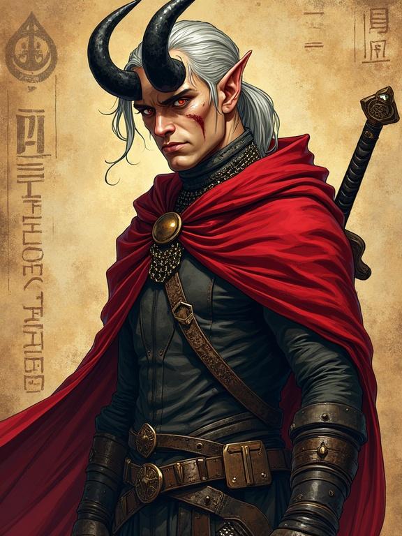 Anime-style digital illustration of a tiefling man with ash-olive skin and amber eyes. Long silver hair tied in a high ponytail. He has sleek black curved horns and facial scars. Wearing a blood-red cloak over chainmail. Holds a long sword and shield. Background features old papyrus with mystical runes. Soft warm lighting with highlights and shadows. Realistic art style and detailed textures.