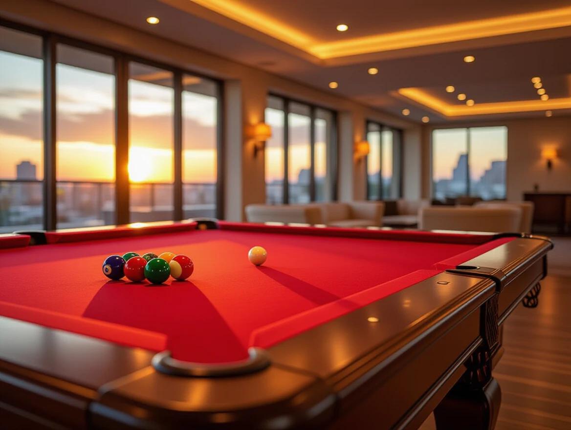 Red pool table in a luxurious game room. Close-up view from the side corner. Focus on cue ball and colorful billiard balls. Polished wooden edge reflects soft light. Spacious room with floor-to-ceiling windows. Cream sofas and warm lights. Panoramic city view at sunset. Shallow depth of field enhances elegance.