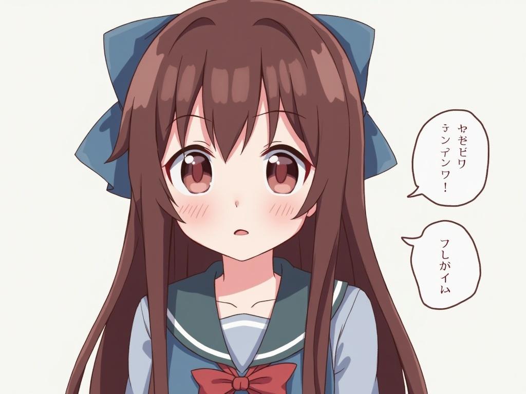 A sassy teenage anime girl with long brown hair wearing a blue school uniform and a bow.