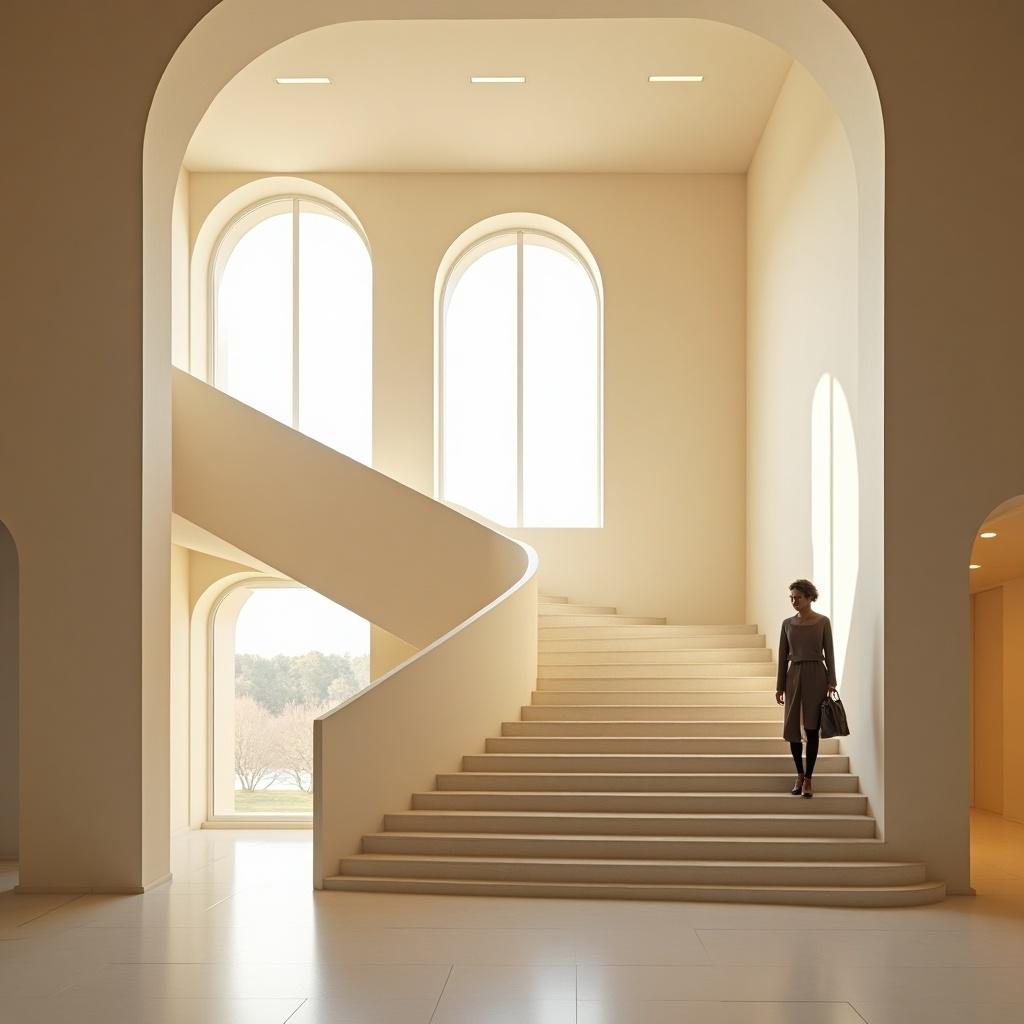 Spacious interior with a grand staircase. Person walking down steps. Walls in soft beige tones. Warm natural light from large windows. Modern yet elegant architectural design. Evokes feelings of tranquility and sophistication.