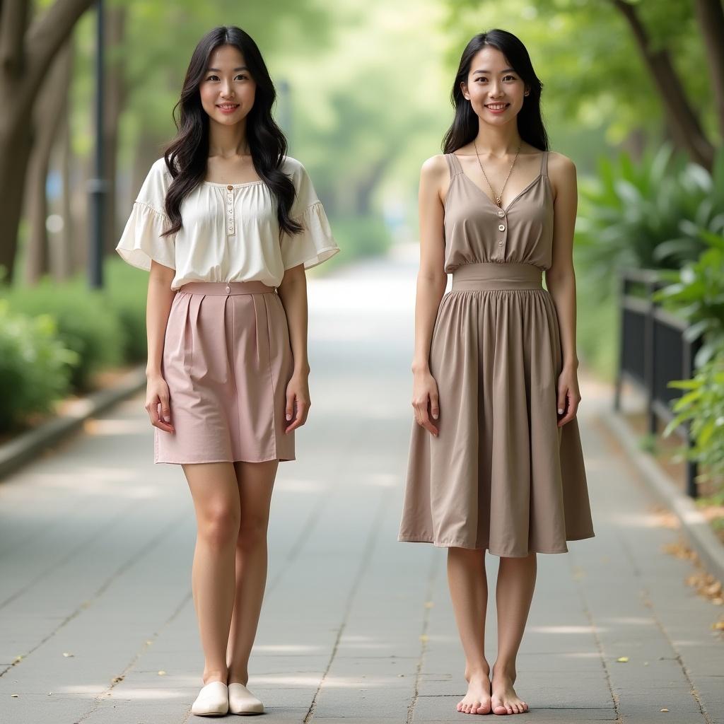 Two women standing on a pathway. One woman is taller and heavier than the other. Both women are of Asian descent. The background features trees and greenery.