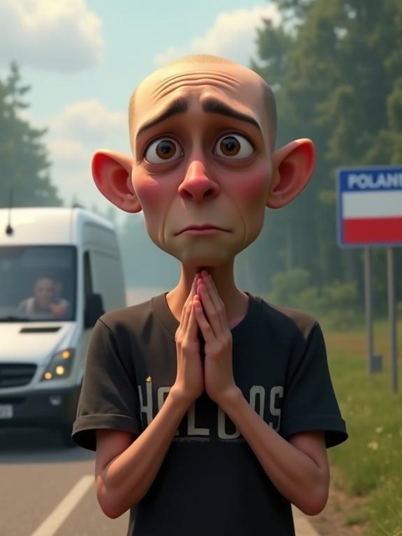 Detailed portrait of a sorrowful man with large pleading eyes. Almost bald with a skinny face. Hands pressed together in a begging pose. Wears a black shirt that says HELGOS. Background shows a blurred Poland border sign and a van. Melancholic expression with realistic lighting.