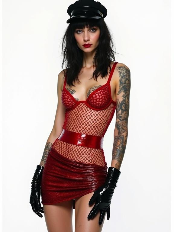 Edgy editorial photography of a woman with dark hair. She wears a black cap and red fishnet top with sleeves. A red metallic-look belt and short skirt complete her outfit. One hand covered with a black glove. Tattoos on the left arm and thigh. Direct pose with arms bent and hands on hips. Woman gazes at the camera. High-contrast lighting emphasizes red against white backdrop.