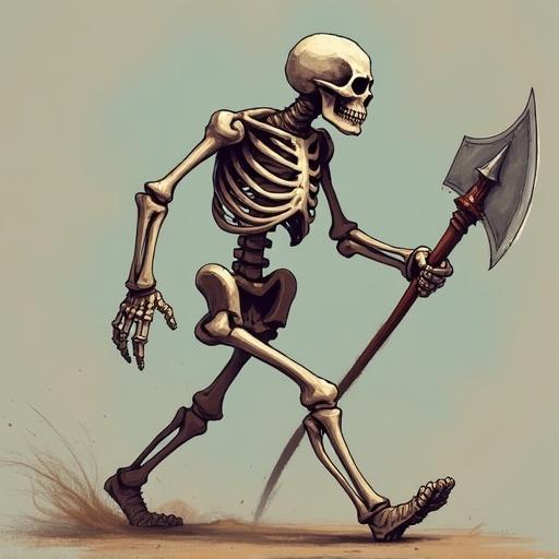 Skeleton warrior character in a walking animated pose. Displayed with an axe and wearing armor. Designed for video games.
