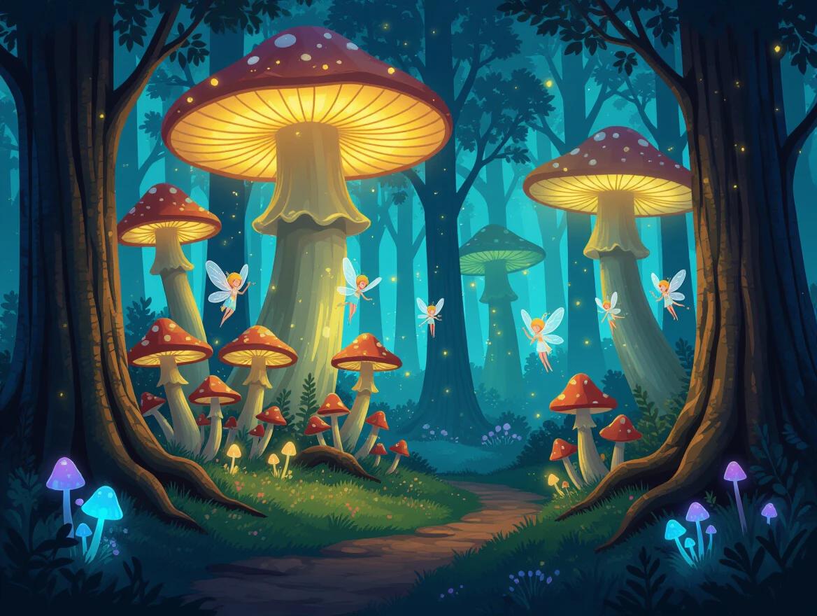 A magical forest filled with large colorful mushrooms and small glowing fairies flying around. Tall trees surround the area with soft blue lighting illuminating the scene. The ground is covered with smaller mushrooms and vibrant plants.