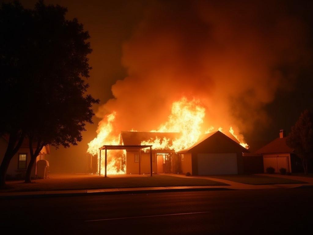 A house is engulfed in flames, billowing smoke against the dark night sky. The fire illuminates the surrounding area with a warm, orange glow. Strong winds whip through Los Angeles, causing the fire to spread rapidly. Nearby trees are silhouetted against the flickering light of the blaze. The scene captures a sense of urgency and destruction as the flames consume the structure.