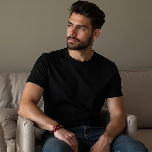 A man wearing a basic black t-shirt sits comfortably. His son is peacefully napping beside him. The scene conveys warmth and connection. Ideal for t-shirt mockup showcasing casual wear.