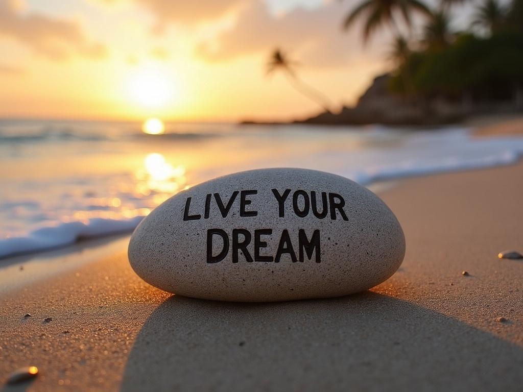 A smooth, rounded stone rests on a sandy beach with gentle waves lapping in the background. The stone is intricately engraved with the text "LIVE YOUR DREAM" in a stylish font. The sun is setting on the horizon, casting a warm golden glow over the scene. In the background, there are hints of palm trees and a slight breeze is blowing, adding a sense of tranquility. The overall atmosphere is uplifting and inspiring, inviting viewers to pursue their dreams.