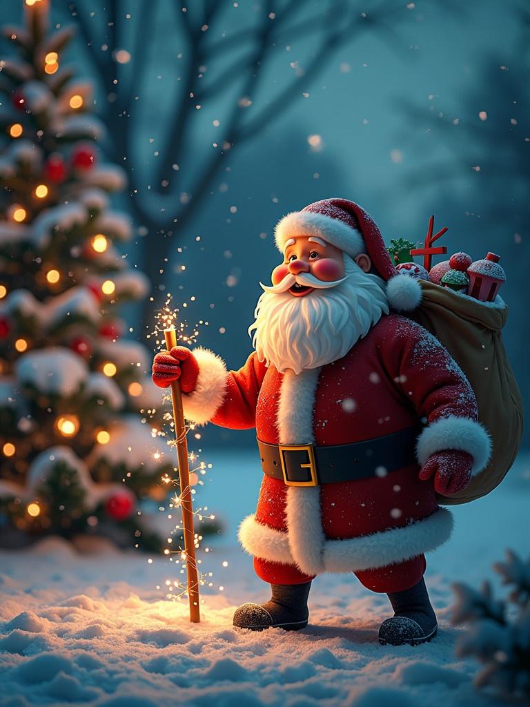 Santa Claus stands in a snowy outdoor setting. Christmas tree in the background with glowing lights. Santa wears a classic red outfit with white trim. Santa holds a staff that sparkles. Bag filled with gifts rests on his shoulder. Scene conveys festive atmosphere. Snowflakes fall gently around.