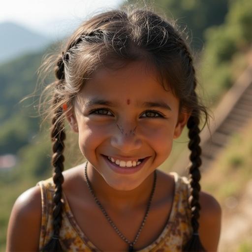 A girl selling churros on a hillside in Rio de Janeiro. She has braided hair and a smile showing a missing front tooth. Her dress is faded with stains. Sweat is visible at her temples. Sunlight highlights the gold flecks in her brown eyes. A favela staircase is in the background.