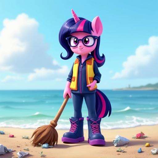 Twilight Sparkle at the beach picking up litter. She is portrayed as a human Pixar character with glasses and navy-blue hair with a pink and purple stripe. She wears a hi-visibility vest, navy-blue track top, navy-blue pants, and knee-high navy-blue boots with pink laces.