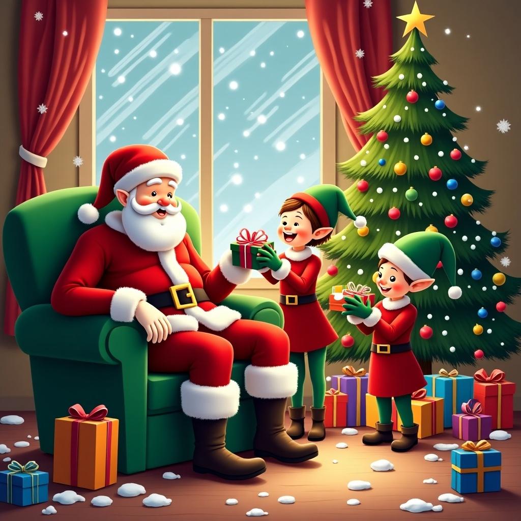 A warm Christmas scene with Santa Claus in a green chair. Elves prepare gifts while a decorated tree stands nearby. Snow falls outside the window with presents scattered around.