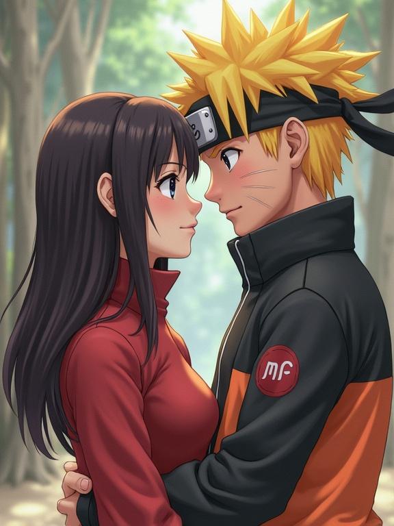 Couple from Naruto sharing a moment in a forest. Characters are close while gazing into each other's eyes. Bright colors in clothing and soft background.