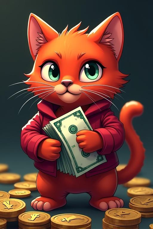 Gangster red cat holds dollar notes. Background features crypto coins. Cat has different colour eyes and a cartoonish appearance. The character wears a hoodie. Cute and engaging style.