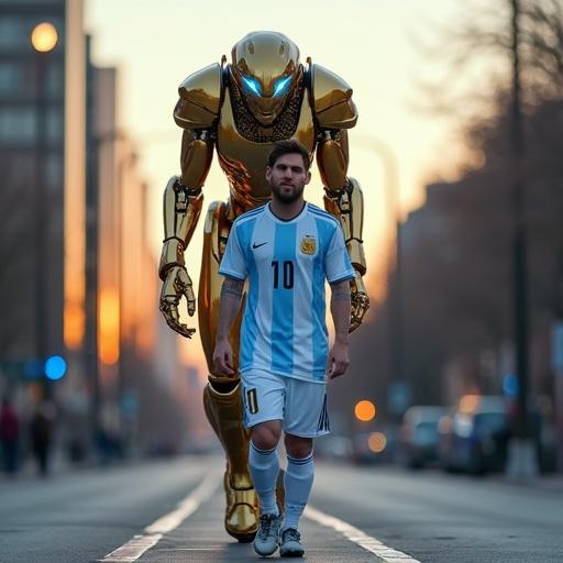 Photo-realistic image showing a football player in white and sky blue kit walking on a city street as a golden humanoid robot follows.