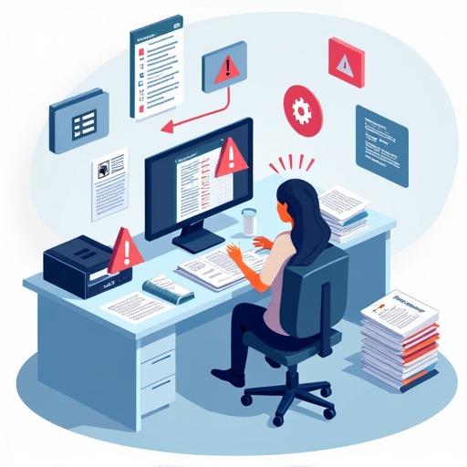 Isometric illustration shows a site coordinator at a cluttered desk. Multiple Excel spreadsheets on the screen. Red warning icons hover above the spreadsheets. Printed logs and folders scattered on the desk. Background features lighter hospital office elements. Color scheme includes blue tones with red accents for risk indicators.