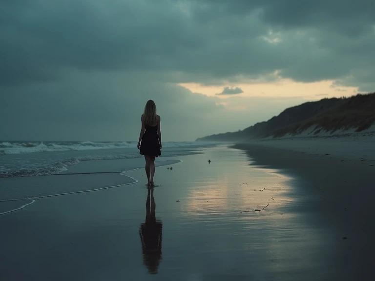 Woman in a mini dress walks along the water's edge at a North Frisian beach. Dusk settles on the horizon with the sky looking gloomy. Sand dunes appear in the background. Evokes a sense of mystery with quiet tension.