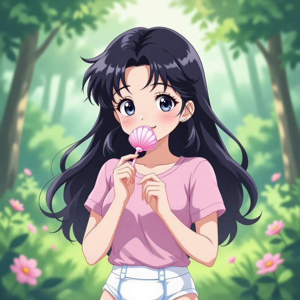 Digital illustration of anime girl in dreamy forest. Black hair and pink shirt. Holding a soother. Surrounded by flowers. Soft light creates a peaceful feel.