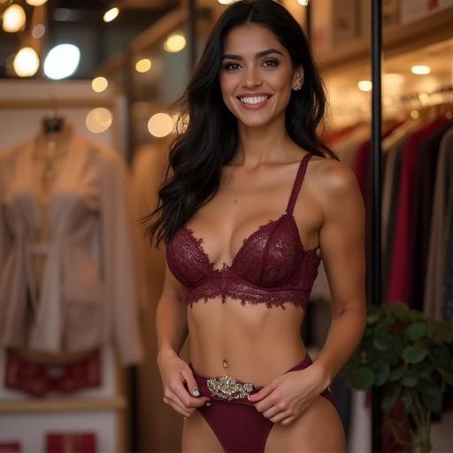 A Mexican woman works at a lingerie store. She is displaying a burgundy lingerie set. The store has stylish clothing in the background. The atmosphere is warm and inviting. The focus is on the saleswoman and her confident pose.