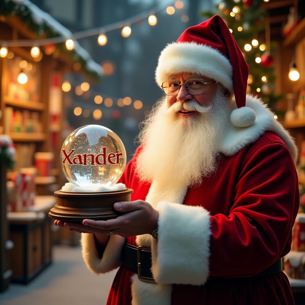 Christmas scene features Santa Claus in a classic red and white suit. Santa holds a snow globe. The snow globe displays the name Xander. Background includes a toy shop decorated for the holidays with glowing lights.