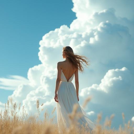 A beautiful woman stands beneath a midsummer sky. Towering clouds loom in the distance. She wears a white summer dress of royal design. The dress flows lightly in the breeze. Her long hair moves gently in the warm wind. Intense sunlight casts soft shadows on her skin. The sky, dress, and clouds form visual harmony. Magical particles float in the air. The mood is serene and majestic.