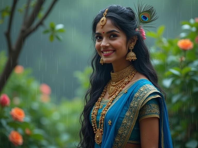Ultra-realistic portrait of a woman in a blue lehenga with gold embroidery. She stands in greenery during rain. Traditional Indian jewelry adorns her. Long dark hair features a peacock feather. Blissful smile. Raindrops sparkle. Background shows misty trees and flowers. Soft lighting creates an enchanting aura.