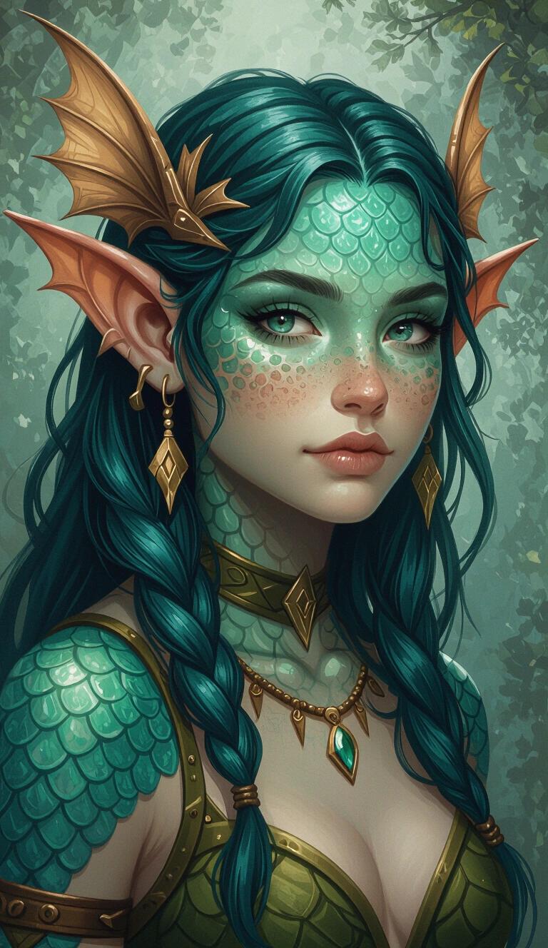 Candid teenage triton girl with teal scaled skin. She has long green hair and unique fin-like ears. Dressed in fantasy-themed clothing, she embodies an otherworldly presence. The skin is scaled similar to fish and she displays a mystical aura. Her appearance feels both captivating and unreal. The environment has a lush fantasy backdrop. The character appears young and vibrant, capturing the essence of a mythical creature.