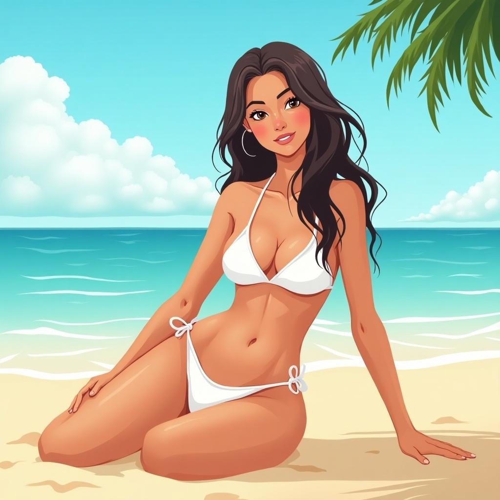 Young woman sitting on a sunny beach. She wears a white bikini. The ocean is in the background. The style is cartoon-like.