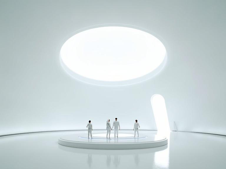 Interior of a futuristic UFO ship. Large round dome ceiling with bright white light. Smooth, sleek white floor. Four small figures in white bodysuits stand on a central platform. LED touch screen panel present. Outer space view visible. Reflections and shadows create depth.