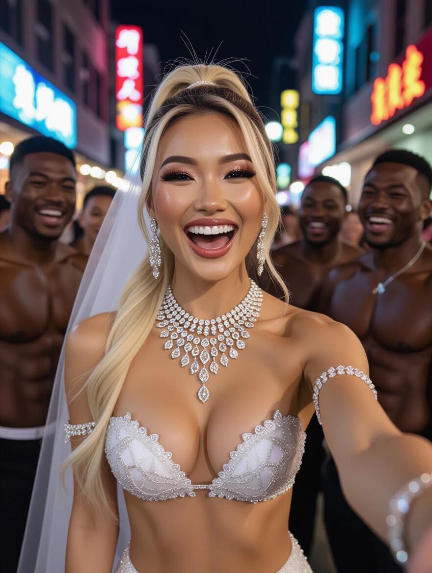 Model poses in wedding bikini on street. High ponytail styled with heavy jewelry and veil. Bright makeup accentuates happy expression. Group of muscular friends in the background. Captures vibrant urban night scene. Selfie taken with friends.