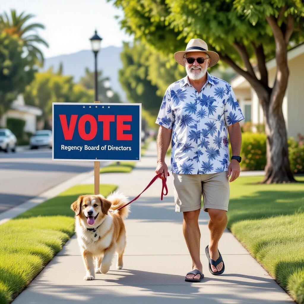 An elderly man walks his dog on a sidewalk in a California neighborhood. He wears summer clothes and flip flops. He holds a sign that reads 'Vote' with blue background and red letters. The sign also says 'Regency Board of Directors'. The scene shows a sunny day with green lawns and houses.
