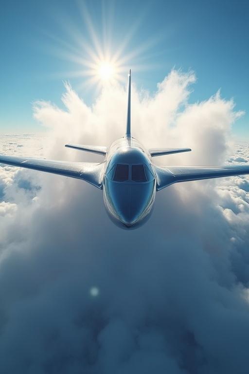 Image of a modern supersonic jet breaking the sound barrier. The jet is surrounded by a defined condensation cone and visible shock waves distorting the sky behind. Dramatic lighting shines brightly on the polished fuselage. Vibrant colors include deep blue sky and bright white vapor. Hyper-realistic style emphasizes speed and power. The jet is in motion with a slight blur effect to highlight velocity.