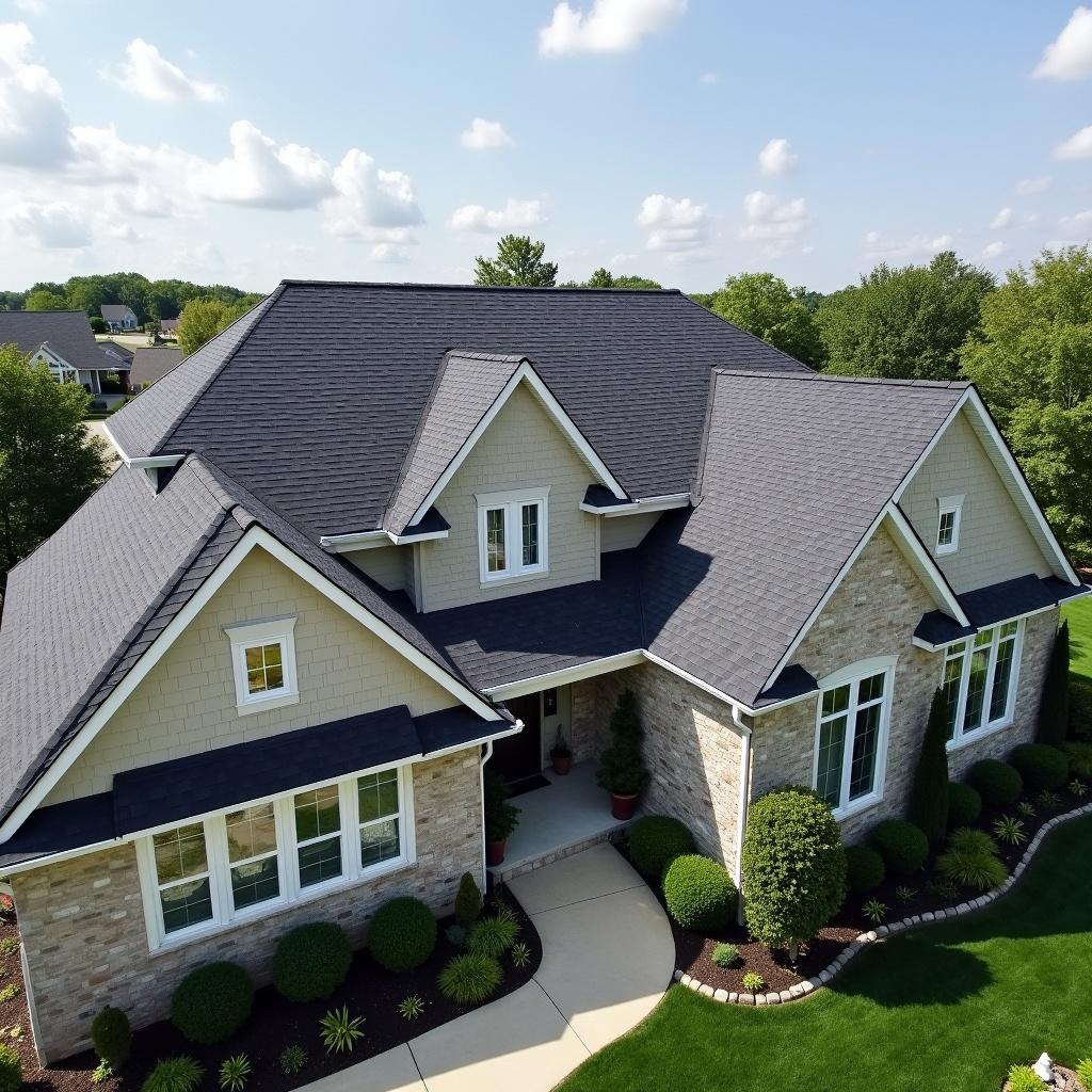 The image shows an aerial view of a beautifully designed home. The house features a combination of stone and siding with a prominent roof. Lush greenery surrounds the property, enhancing the outdoor aesthetic. The well-manicured lawn and shrubs create an inviting atmosphere. This image highlights both the architectural elements and the landscaping. The sky is clear with a few clouds, adding brightness to the scene.