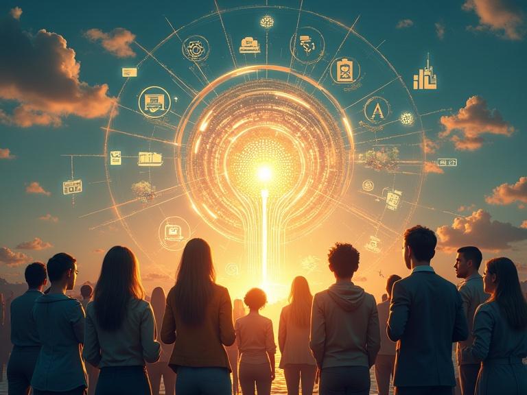 Visionary uplifting scene depicting global movement toward Responsible AI. Diverse group of people from various backgrounds collaborating around glowing AI core. AI core expressed as transparent brain-like structure with interconnected nodes. Ethical symbols included are fairness scales, transparency icons, accountability shields, privacy locks, and sustainability leaves. Radiant lines extend connecting to impacts like fair job systems, inclusive healthcare, sustainable cities, empowered education. Abstract representations of global cooperation surround the scene with floating documents symbolizing international agreements and balanced scales. Warm tones blend with cool hues conveying trust and inclusivity. Motifs like open eyes, lightbulbs, and olive branches add depth.