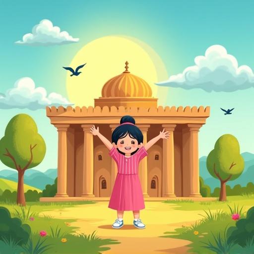 Colorful cartoon-style children's book cover illustration with Islamic theme featuring a faceless young girl aged 7-10 in a pink dress. The girl stands joyfully in front of a wooden house with five pillars and a dome. Background includes sunny outdoor scenery with fluffy clouds, trees, and birds. Decorative elements include geometric patterns styled playfully. Leave space at the top for book title.