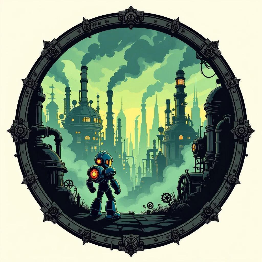 Ultra detailed t-shirt design featuring Steampunk Megaman exploring a dystopian cityscape. The design includes intricate pipes, smokestacks, gears, and riveted architecture, creating a mysterious and atmospheric tone. The color theme uses muted green and smoky gray, with glowing elements illuminating the scene, showcasing metallic textures and fog.