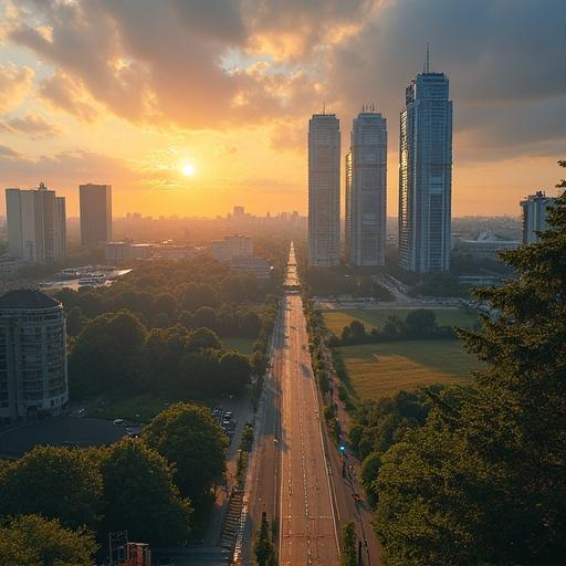 City skyline at sunset. Skyscrapers towering above green spaces. Open road leading towards the city. Warm light illuminating the scene. Beautiful mixture of urban and natural elements.