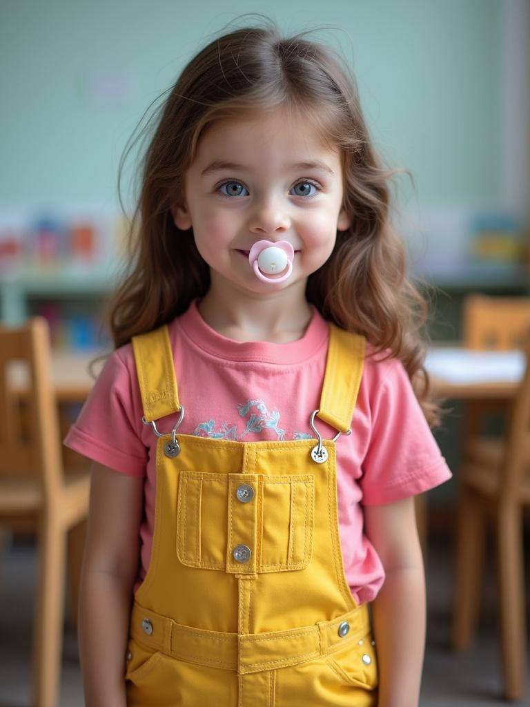 A 7 years old girl with long light brown hair and blue eyes in yellow dungarees and pink t-shirt stands in a classroom with a pacifier. The background features wooden chairs and tables.