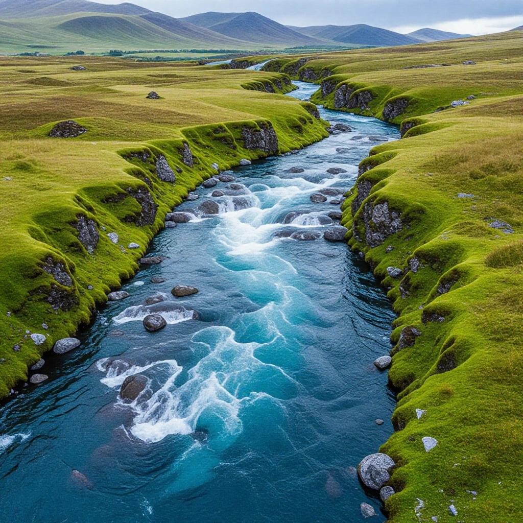 A river flows through green hills in a mountainous landscape. Soft light reflects over the water. Rocks are visible in the riverbed. The view is from above.