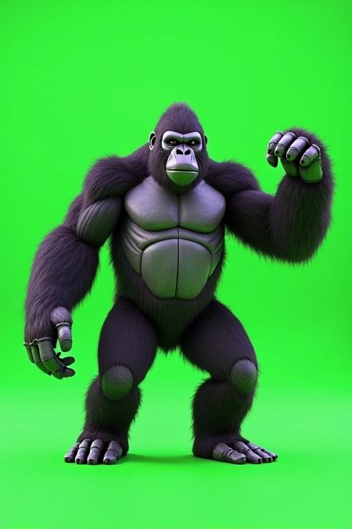 3D animated robot gorilla is posing in a standing position with a green screen background