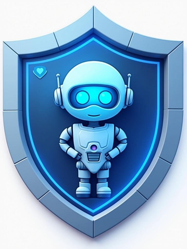 Icon design features chatbot secured by shield. Cartoon robot has friendly appearance. Blue shield enhances security theme.