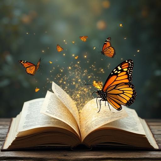 An open magical book with golden sparkles flowing from the pages. Butterflies are flying around it. The book is placed on a wooden log. The background is softly blurred. Hyper-realistic art style.