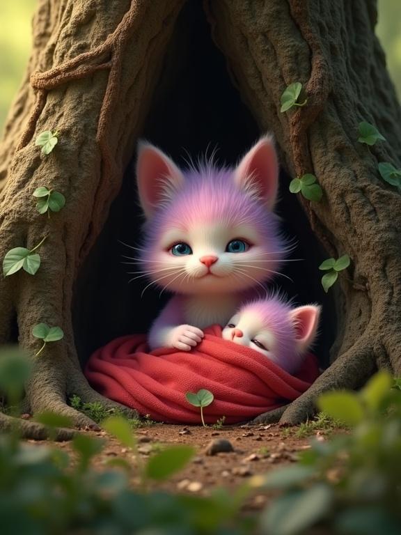 Fluffy anthropomorphic kitten with pastel pink and lavender fur hides human baby inside hollow ancient tree. Baby wrapped in red cloth, safe and peaceful. Warm forest light. Calm ambiance.