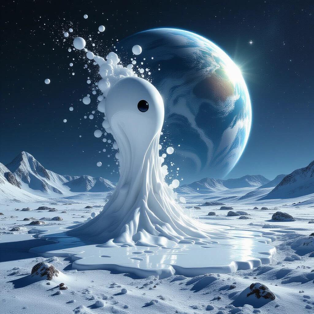 Surreal representation of the Milky Way as seen by an extraterrestrial. Abstract shape resembling a liquid form with a dark eye. Landscape features snow-covered mountains and distant Earth. Bright night sky with stars.