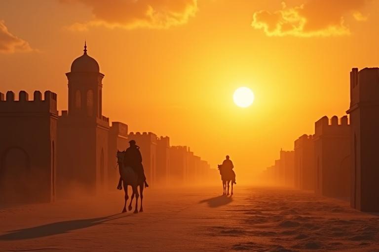 Dramatic image depicting an ancient desert town at sunset. Golden sunlight casts long shadows. Traditional Arabic architecture is visible. Silhouettes of riders on horses are seen against the backdrop of the sunset. The atmosphere is warm and mysterious. The style is cinematic and realistic in 3D rendering.