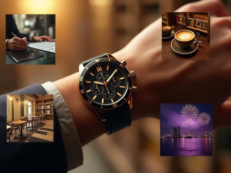 A luxurious wrist adorned with a black and gold sport watch. Surrounded by four small images. Top-left shows a hand on a glass table with corporate charts labeled 'Professional'. Top-right features a hand enjoying a latte in a cozy café labeled 'Relaxation'. Bottom-left depicts a hand on a treadmill with chrome gym background labeled 'Energy'. Bottom-right presents a hand under purple lights with fireworks backdrop labeled 'Nightlife'. Golden gradient background. Cinematic lighting. Shallow depth of field.