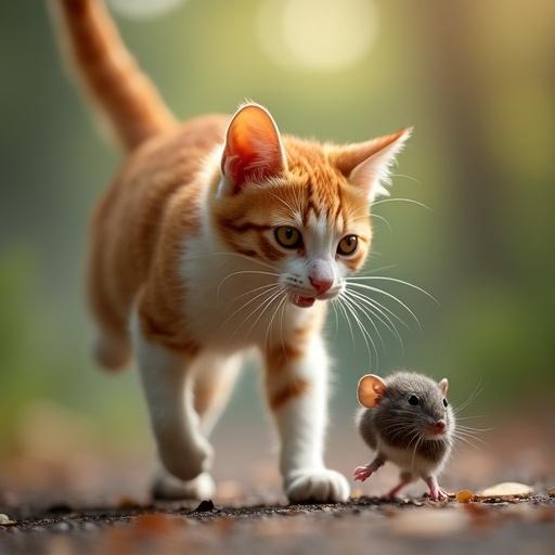 Cat chases a mouse in the wild. The cat has orange and white fur. The mouse is small and gray. The scene is set in a forest with soft, natural lighting.